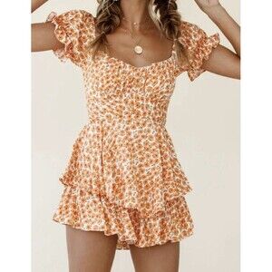 Angel Biba Babydoll Romper Floral Orange Tiered California Girl, Small
